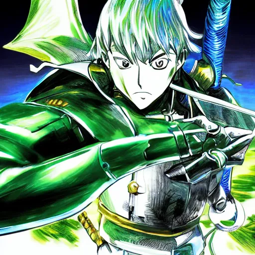 Image similar to knight in green car, blue armor, gold sword, dragon attack, low angle, action, manga panel, Murata