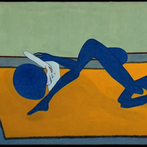 Image similar to different parts of human bodies lie in different places of the blue room, in style of mihail larionov, avant - garde.