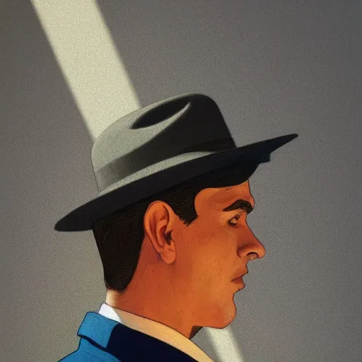 Image similar to a realistic portrait of a man staring at the camera with dramatic lighting, by moebius, edward hopper, colorful flat design illustration, hd, 8 k, artstation