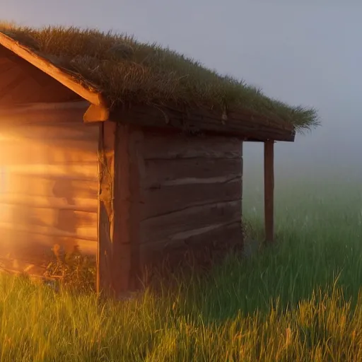 Image similar to still shot of a hut covered in morning fog, highly detailed, photorealistic portrait, bright studio setting, studio lighting, crisp quality and light reflections, unreal engine 5 quality render