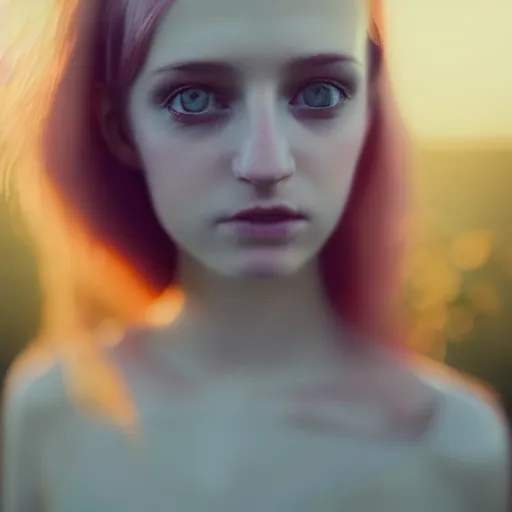 Image similar to photographic portrait of a stunningly beautiful english emo female in soft dreamy light at sunset, soft forcus, chiffon dress, contemporary fashion shoot, in a tim burton movie, by edward robert hughes, annie leibovitz and steve mccurry, david lazar, jimmy nelsson, extremely detailed, breathtaking, hyperrealistic, perfect face, octane render