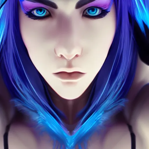 Image similar to a close up of a woman with blue hair, cyberpunk art by Artgerm, featured on cgsociety, fantasy art, deviantart, 2d game art, deviantart hd