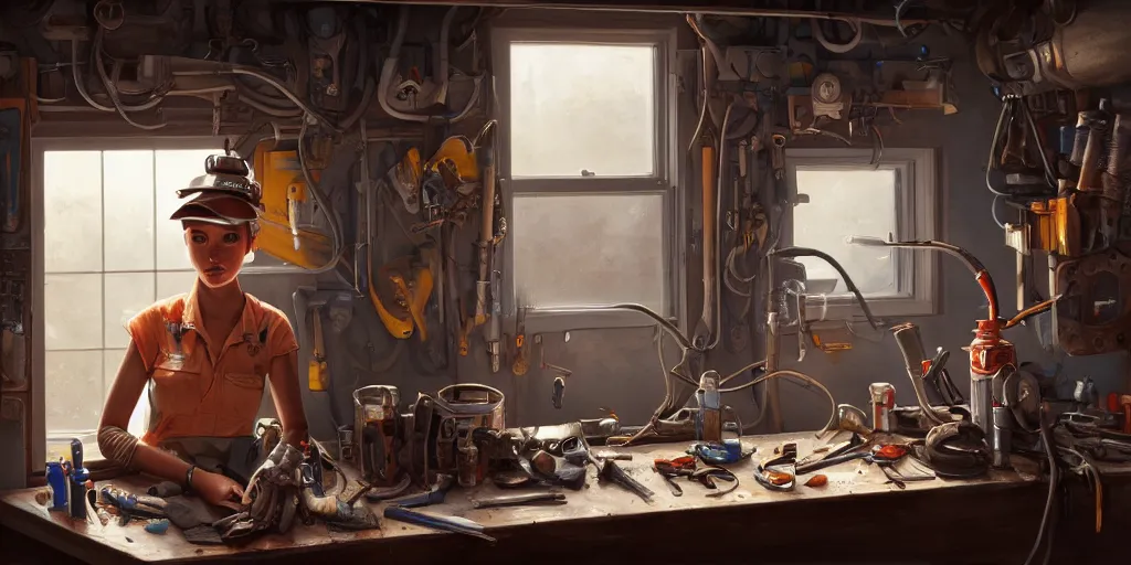 Image similar to highly detailed portrait painting of welder girl perfect symmetrical face, room mono window, workbench mess, by eddie mendoza and tyler edlin, 8 k resolution