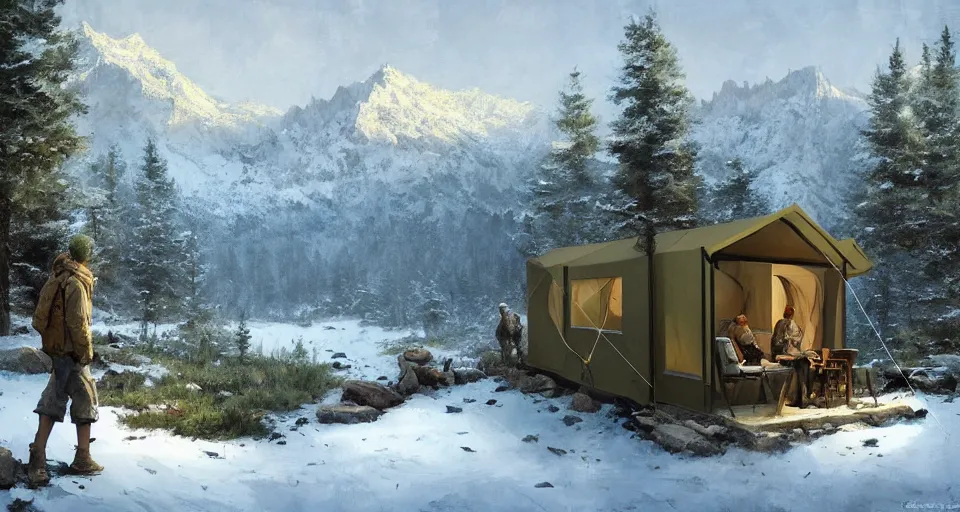 Image similar to cabela's beautiful comfortable modular insulated container home wall kit - house all weather family dwelling tent house, person in foreground, mountainous forested wilderness open fields, beautiful views, painterly concept art, environmental concept art, concept art illustration, by james gurney, by craig mullins, by greg rutkowski trending on artstation