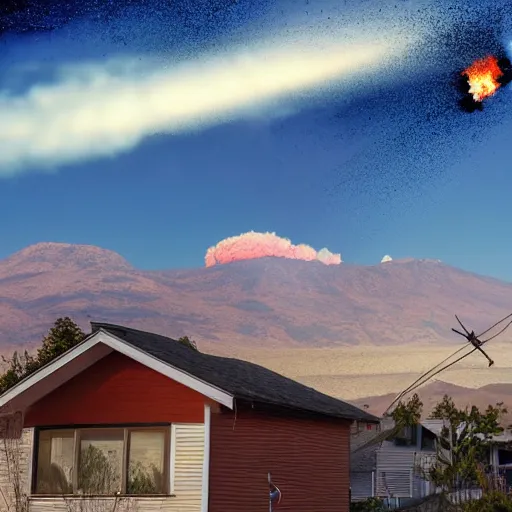 Image similar to incoming debris cloud, nuclear explosion. A family on their front porch watching the explosive impact of a meteorite into the distant mountains. Comet, Meteor, apocalypse, shockwave, total and absolute destruction