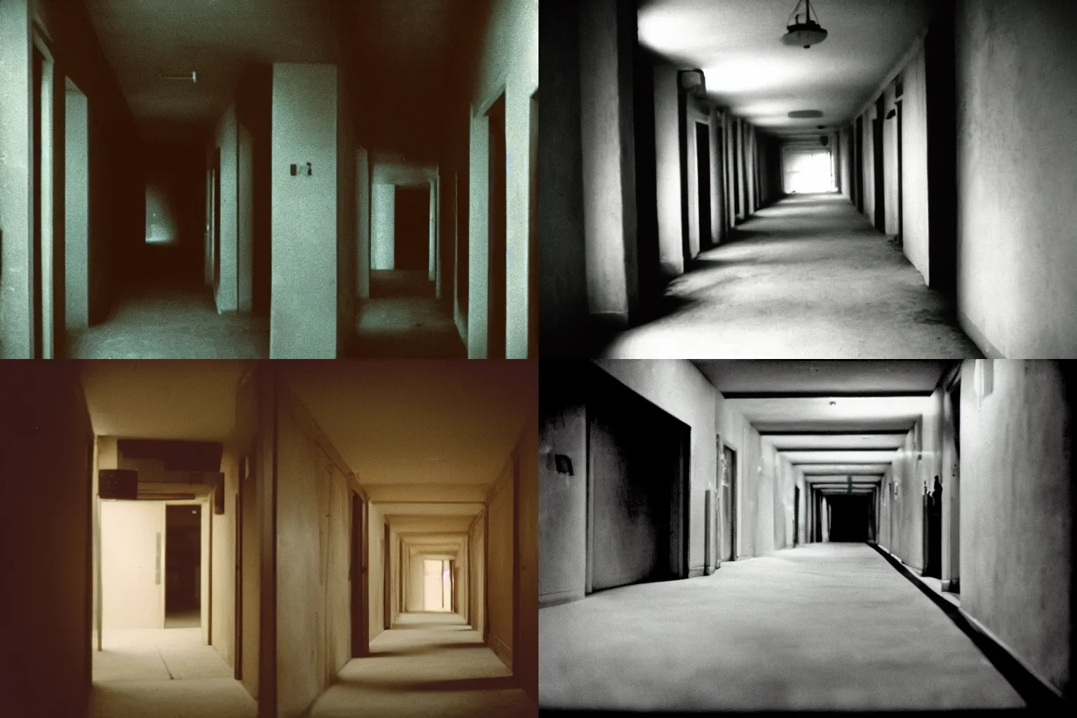 Prompt: long dark hallway, cinestill eastmancolor, shadow creature stares, lurking horrors