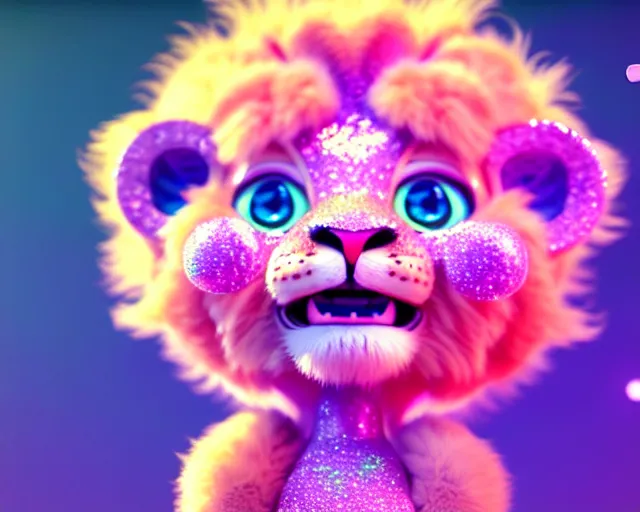 Image similar to a cute baby lion, big eyes, soft fur texture, pastel colours, colorful, glitter crystals, cute, pixar animation style, detailed, soft light, octane render, 4 k,