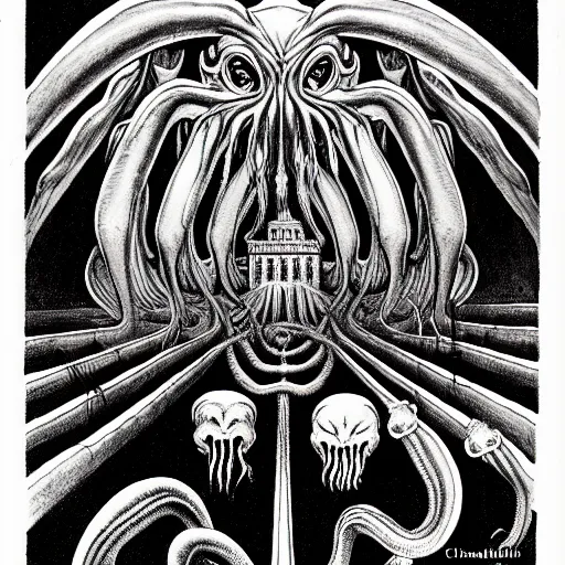 Prompt: Cthulhu Christmas by Charles Addams and H.R. Giger, black and white illustration shadows symmetrical