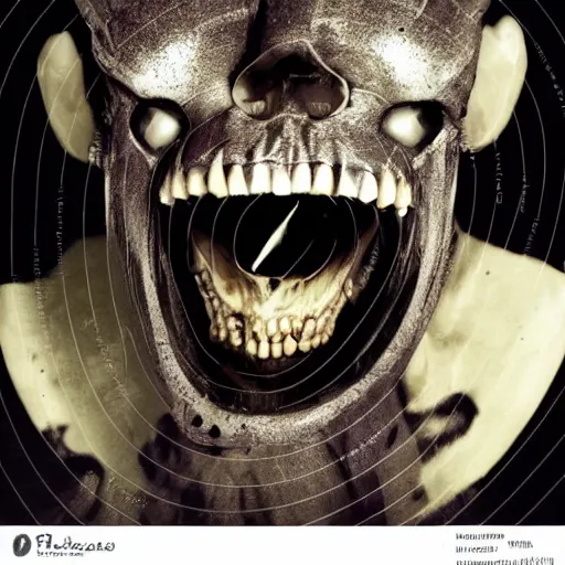 Image similar to crooked teeth, black eyes, gaping mouth, skeleton like, alien looking, skull like, big forehead, horrifying, killer, creepy, dead, monster, tall, skinny, open mouth, deathly, old photo, turning yellow