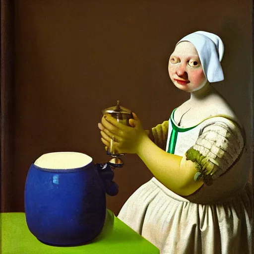 Prompt: pepe the frog as a milkmaid pouring milk from a pot in a bowl, by johannes vermeer, the milkmaid, pepe the frog, fat happy frog, green frog, dramatic lighting, northern netherlands school of art, 1 6 6 0, oil on canvas