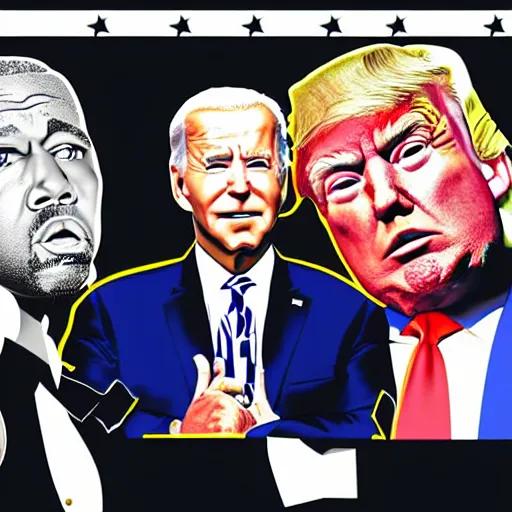 Prompt: donald trump, joe biden and kanye west doing a rap battle in the middle of a packed stadium, very realistic, highly detailed, intricated, conceptual art, digital illustration