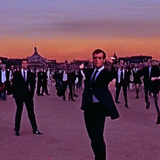 Image similar to still of emmanuel macron clones, invading place de la concorde, in american psycho ( 1 9 9 9 ), sunset