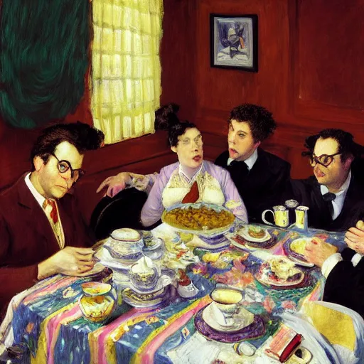 Image similar to seinfeld fancy tea party, george costanza, kramer, elaine, digital art, illustration, highly detailed, warm color scheme, soft lighting, sharp focus, gustave caillebotte, artemisia gentileschi