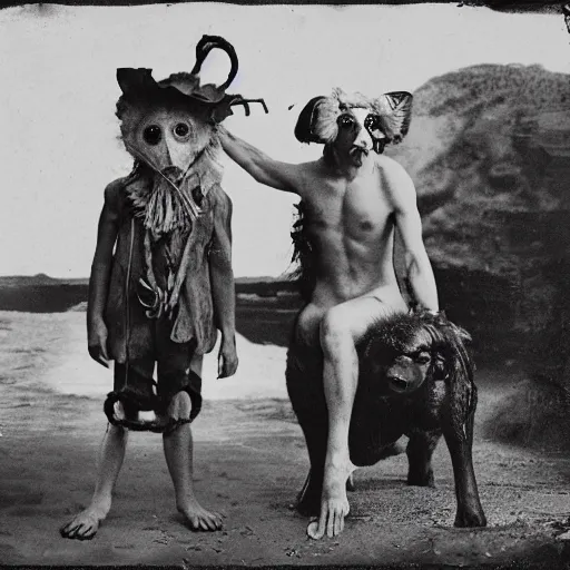 Image similar to freakshow of deformed actors offensive island of Doctor Moreau daguerreotype