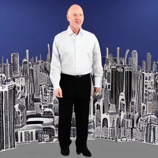 Image similar to a giant middle aged balding blue eyed white man dressed in a white shirt, gray pants and black dress shoes standing in a miniature city