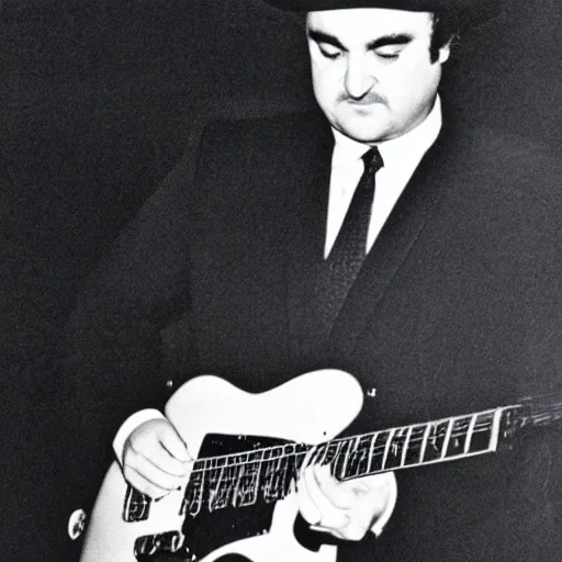 Image similar to john belushi wearing a black suit and black necktie and black fedora hat playing electric guitar in a darkened nightclub, 3 5 mm film still from 1 9 8 1, grainy.