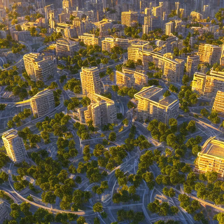 Image similar to a beautiful eco-city center full of skybridges and terraces, sunbeams, golden hour, detailed, realism, 8k high resolution