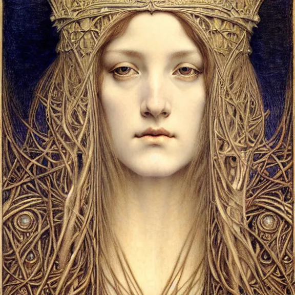 Image similar to detailed realistic beautiful young medieval queen face portrait by jean delville, gustave dore and marco mazzoni, art nouveau, symbolist, visionary, gothic, pre - raphaelite. horizontal symmetry