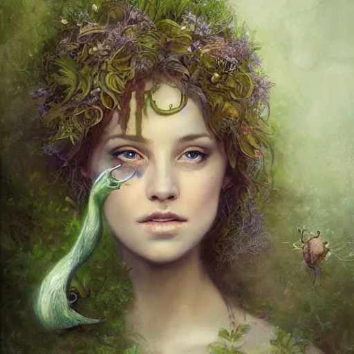 Image similar to portrait character design painting, dryad musician inspired by brian froud, portrait, accompanied by a cute feathered mouse, studio lighting by jessica rossier and brian froud and gaston bussiere