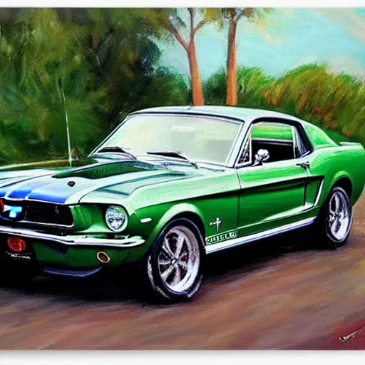 Prompt: green 1967 Ford Mustang GT, painting by Vladimir Volegov