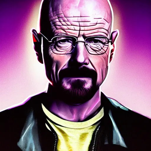 Image similar to walter white on top off jesse pinkman's back, and a purple coloured leather jacket, one side haircut, long brown hair with light blue ends, portrait, hyperdetailed, artstation, cgsociety, synthwave by tangerine dream, by jean - michel jarre, by vangelis, by john carpenter