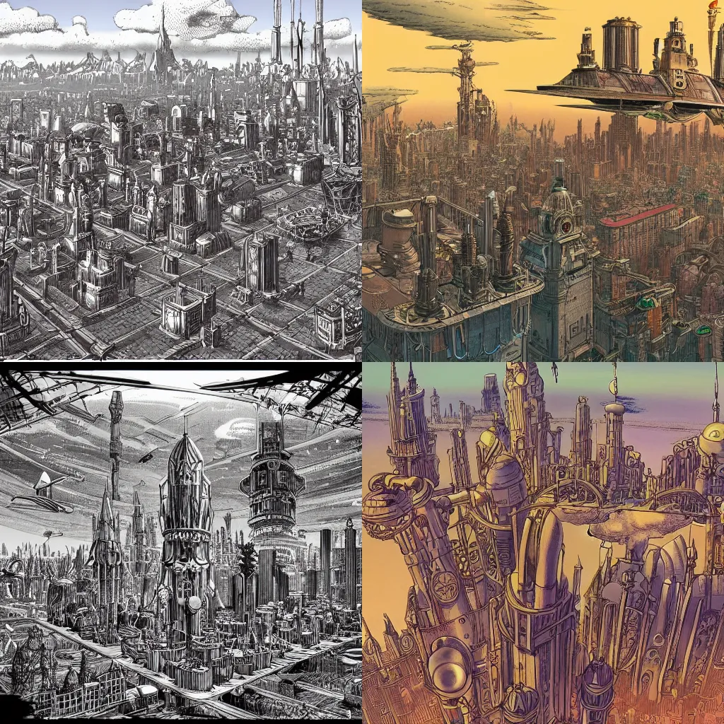 Prompt: a detailed illustration of a sprawling fantasy city consisting of towers and having steampunk airships in the sky in the style of moebius