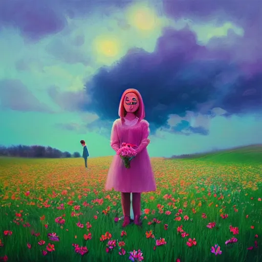 Prompt: flower girl with a flower face, surreal photography, dream, standing in flower field, in a valley, sunrise dramatic light, impressionist painting, colorful clouds, artstation, simon stalenhag