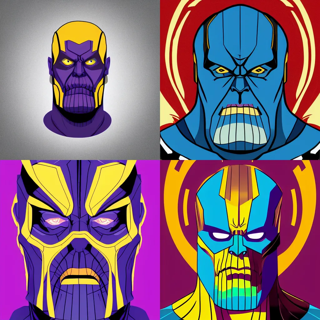 Prompt: Thanos vector art, headshot, highly stylized and colorful