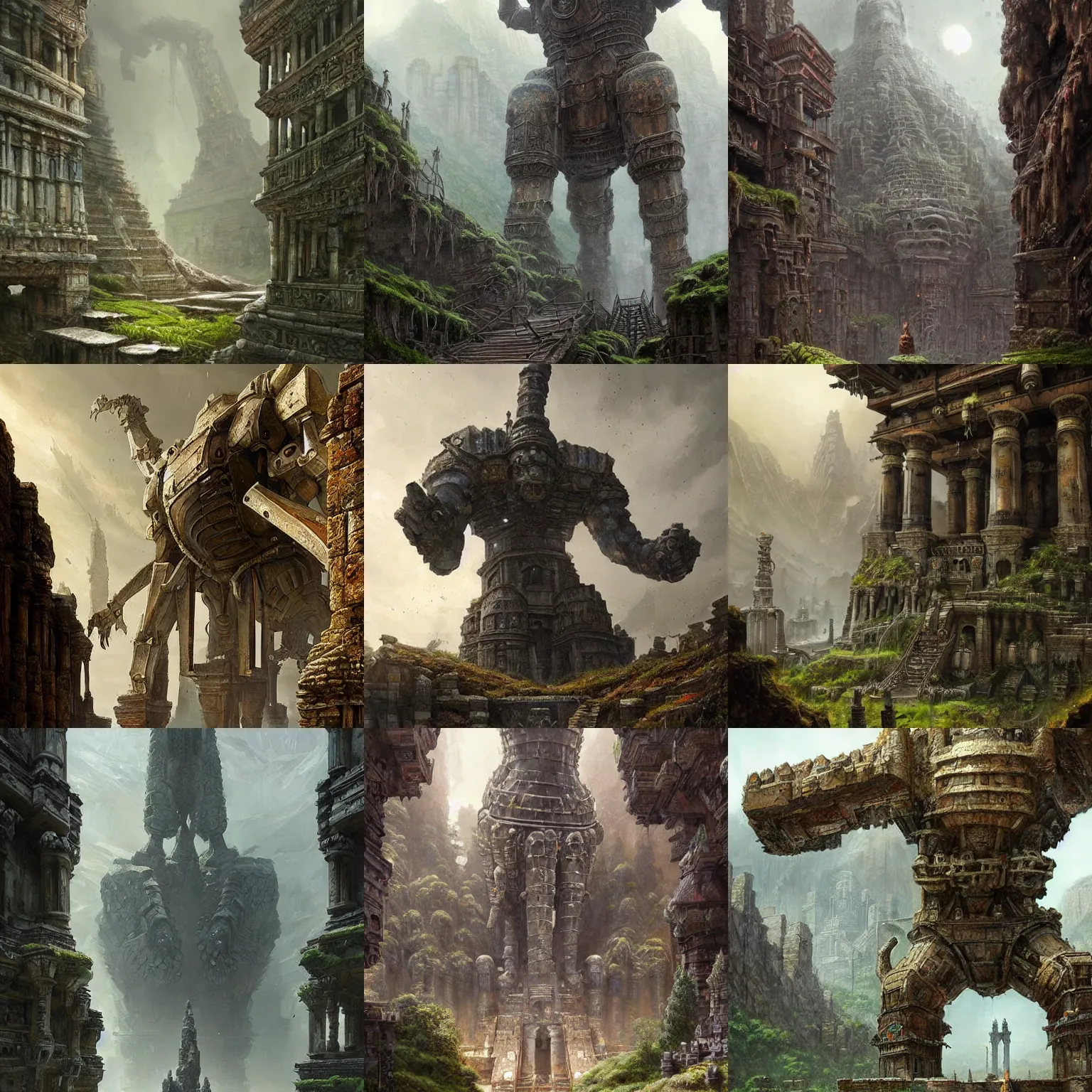 Prompt: massive iron golem guarding an ancient temple, epic fantasy art, highly detailed and intricate, underground, depth of view, crumbled bridge in the background, moss on the walls, greg rutkowski
