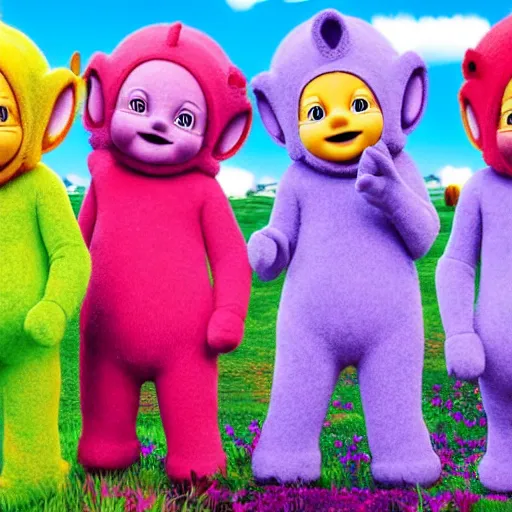 Image similar to teletubbies photorealistic, high quality, detailed, 8k rendered