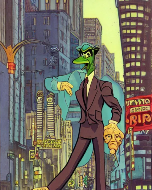 Image similar to smug male antagonist in suit, uptown city street, artwork by ralph bakshi