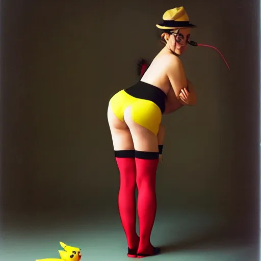 Prompt: elegant woman dressed up as pikachu, wearing stockings, modern photo by Annie Liebovitz