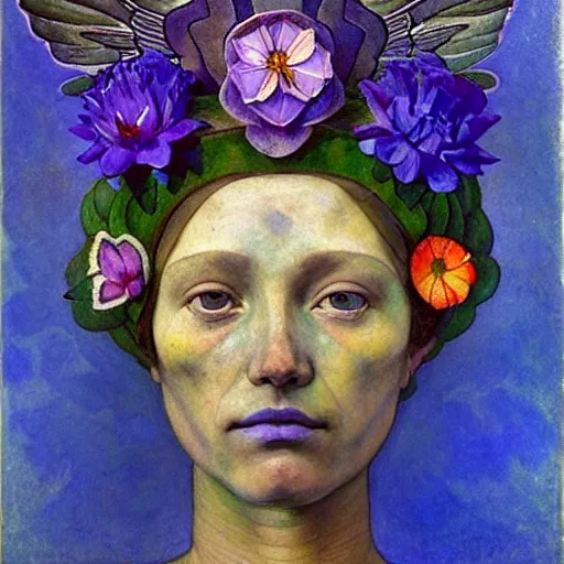 Prompt: the flower crown, by annie swynnerton and nicholas roerich and diego rivera, bioluminescent skin, tattoos, wings made out of flowers, elaborate costume, geometric ornament, symbolist, cool colors like blue and green and violet, smooth, sharp focus, extremely detailed