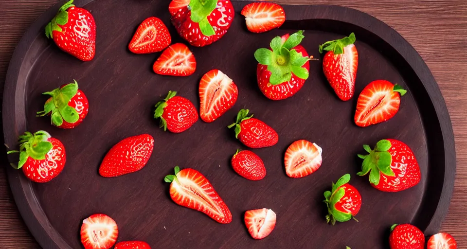 Prompt: An unwrapped gourmet dark chocolate bar, next to sliced strawberries, on a wooden tray, macro lens product photo