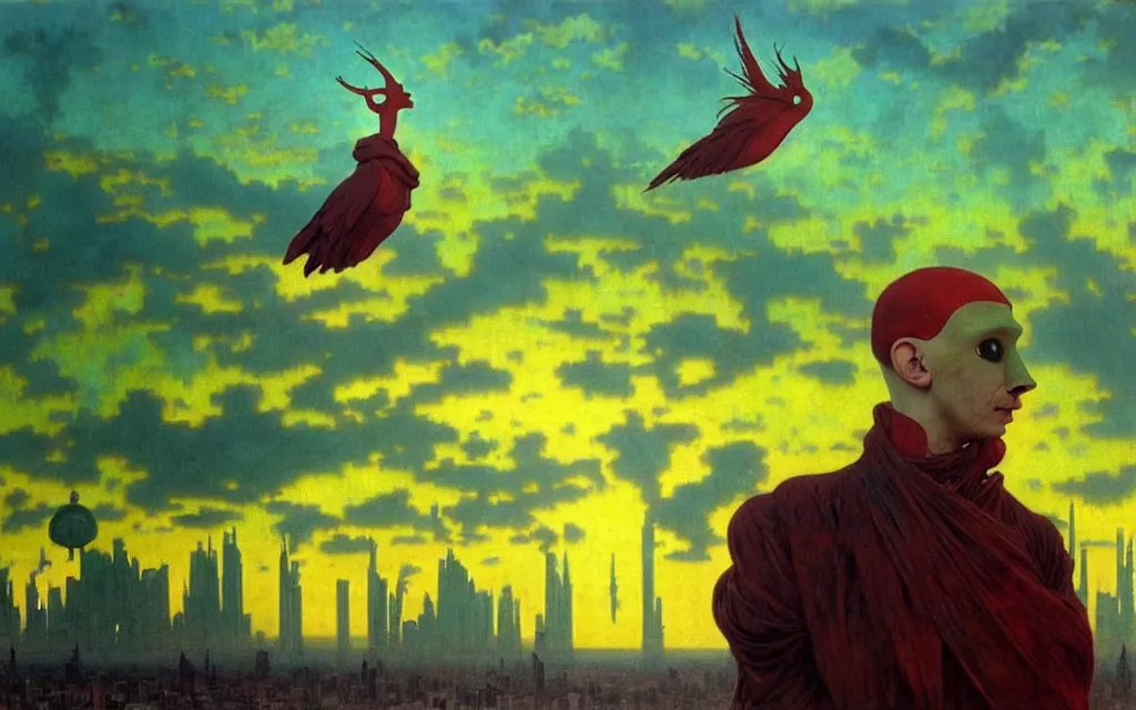 Prompt: realistic detailed portrait movie shot of a birdman wearing green robes, futuristic city sunset landscape background by denis villeneuve, yves tanguy, alphonse mucha, ernst haeckel, max ernst, roger dean, masterpiece, rich moody colours, ethereal, occult, blue eyes