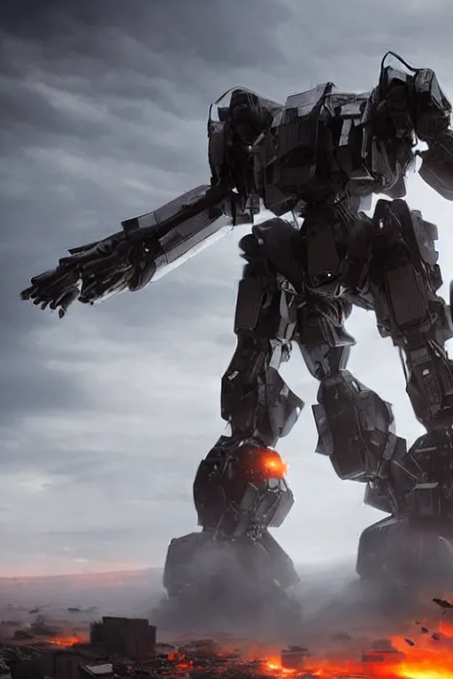 Image similar to vfx film closeup, futuristic giant powerful sci - fi war mech walking out, emerging from smoke and debris in war zone, crumbling buildings, flat color profile low - key lighting award winning photography arri alexa cinematography, hyper real photorealistic cinematic, atmospheric cool colorgrade