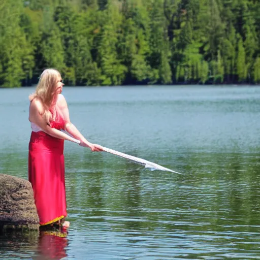 Prompt: the lady of the lake giving excalibur from the lake