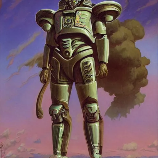 Prompt: soldier in art deco mayan power armor with strange spiral clouds in the background by j. c. leyendecker, barlowe, makoto kobayashi, greg rutkowski, and beksinski