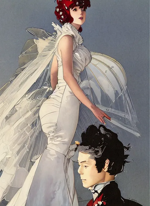 Image similar to a low angle copic maker art nouveau portrait of anime girl detailed features wearing a puffy futuristic wedding dress designed by balenciaga by john berkey, norman rockwell akihiko yoshida