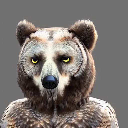 Image similar to bear with owl wings and anime eyes, high quality render, unreal engine , trending