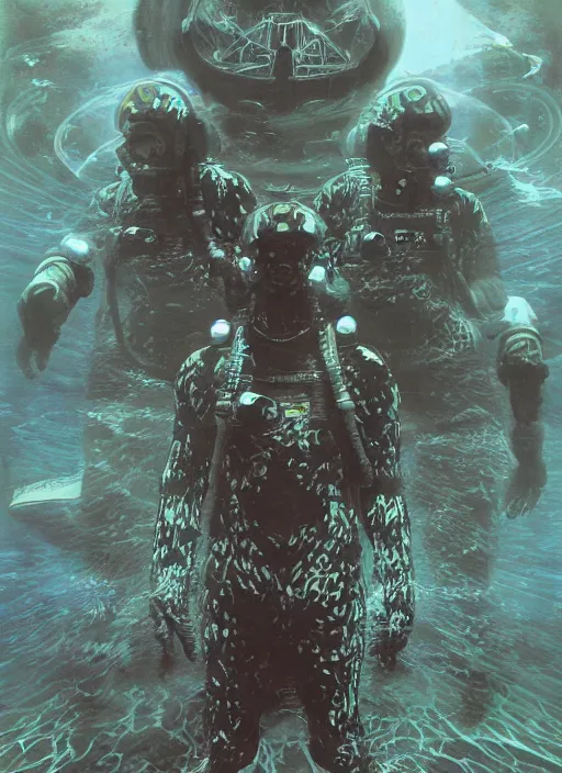 Image similar to astronauts divers in dark void underwater - complex and hyperdetailed technical suit design. reflection and dispersion materials. rays and dispersion of light. volumetric light. f / 3 2. noise film photo. flash photography. ultra realistic, 5 0 mm. poster by wayne barlowe, hajime sorayama aaron horkey, craig mullins