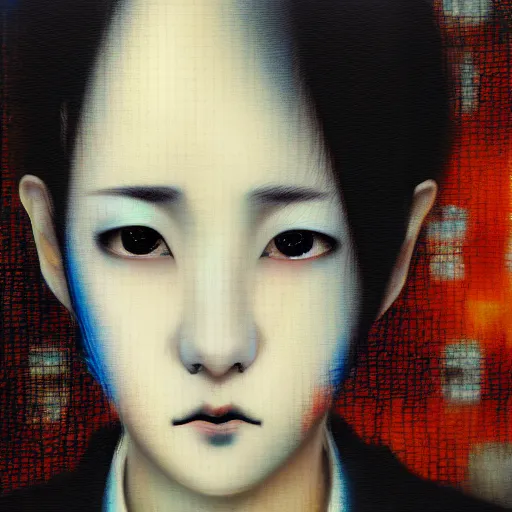 Image similar to yoshitaka amano blurred and dreamy realistic three quarter angle portrait of a young woman with short hair and black eyes wearing office suit with tie, junji ito abstract patterns in the background, satoshi kon anime, noisy film grain effect, highly detailed, renaissance oil painting, weird portrait angle, blurred lost edges