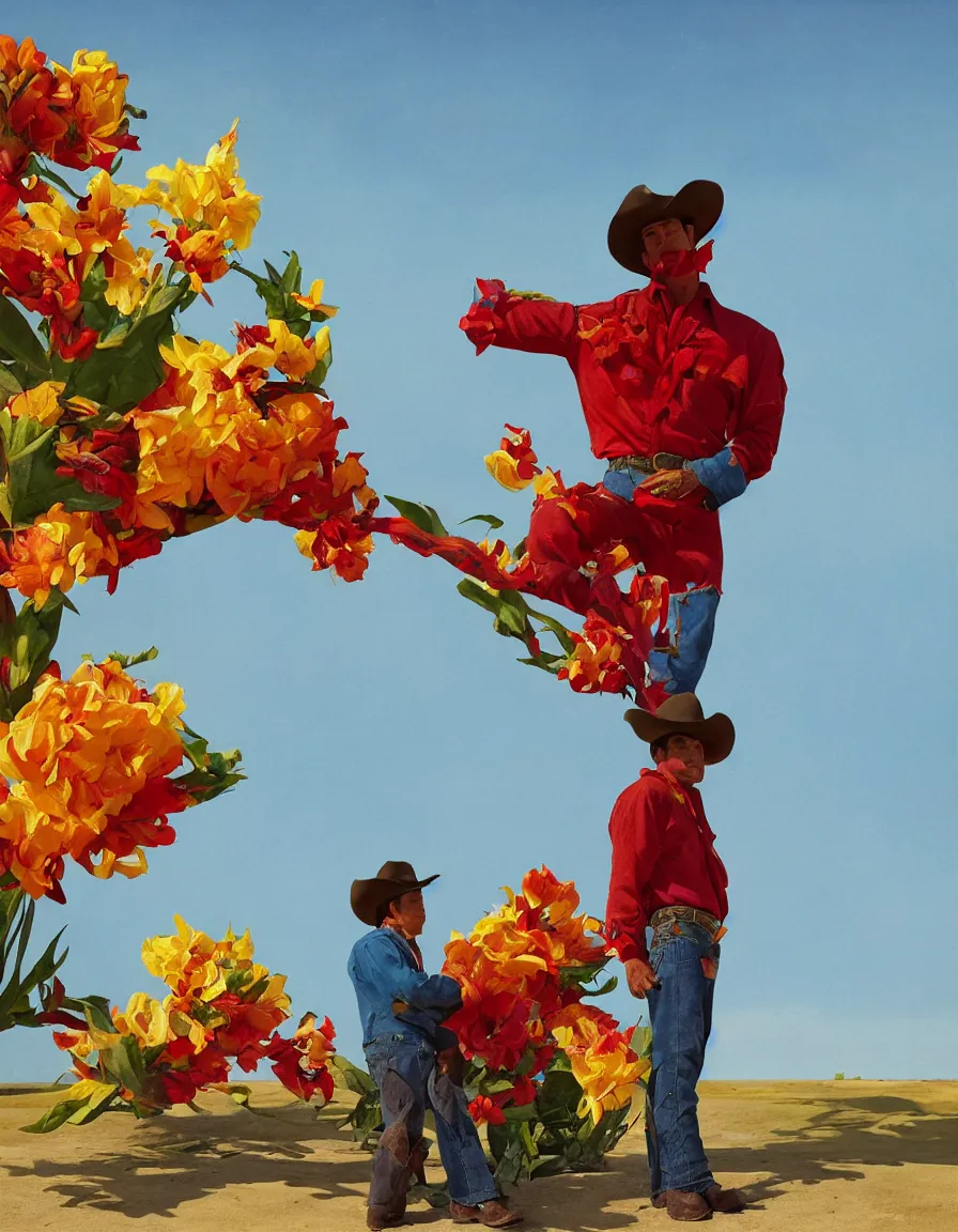 Image similar to a cowboy turning into blooms by slim aarons, by zhang kechun, by lynda benglis. tropical sea slugs, angular sharp tractor tires. complementary colors. warm soft volumetric light. national geographic. 8 k, rendered in octane, smooth gradients. greek sculpture of a manly cowboy by edward hopper and frank frazetta. red accents.