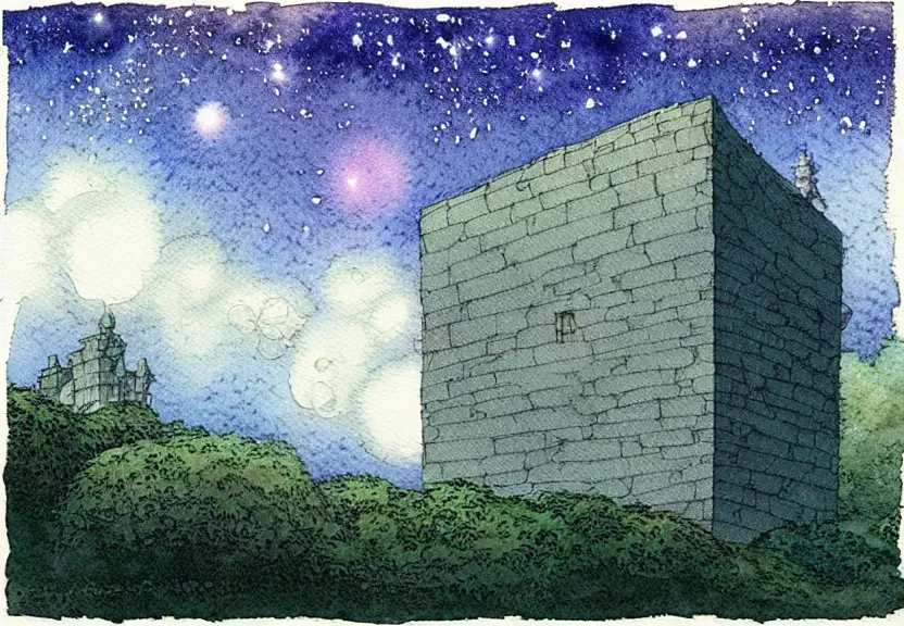 Prompt: a simple watercolor fantasy concept art of a giant grey cube floating in the air. it is a misty starry night. by studio ghibli, rebecca guay, michael kaluta, charles vess