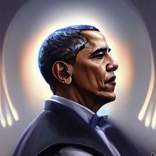 Image similar to Barack Obama's face combined with Donald Trump's face with short dark blue hair in elegant knight's armor, western, D&D, fantasy, intricate, elegant, highly detailed, digital painting, artstation, concept art, matte, sharp focus, illustration, art by Artgerm and Greg Rutkowski and Alphonse Mucha