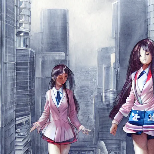 Image similar to a perfect, realistic professional digital sketch of a Japanese schoolgirls posing in a sci-fi cityscape, style of Marvel, full length, by pen and watercolor, by a professional American senior artist on ArtStation, a high-quality hollywood-style sketch, on high-quality paper