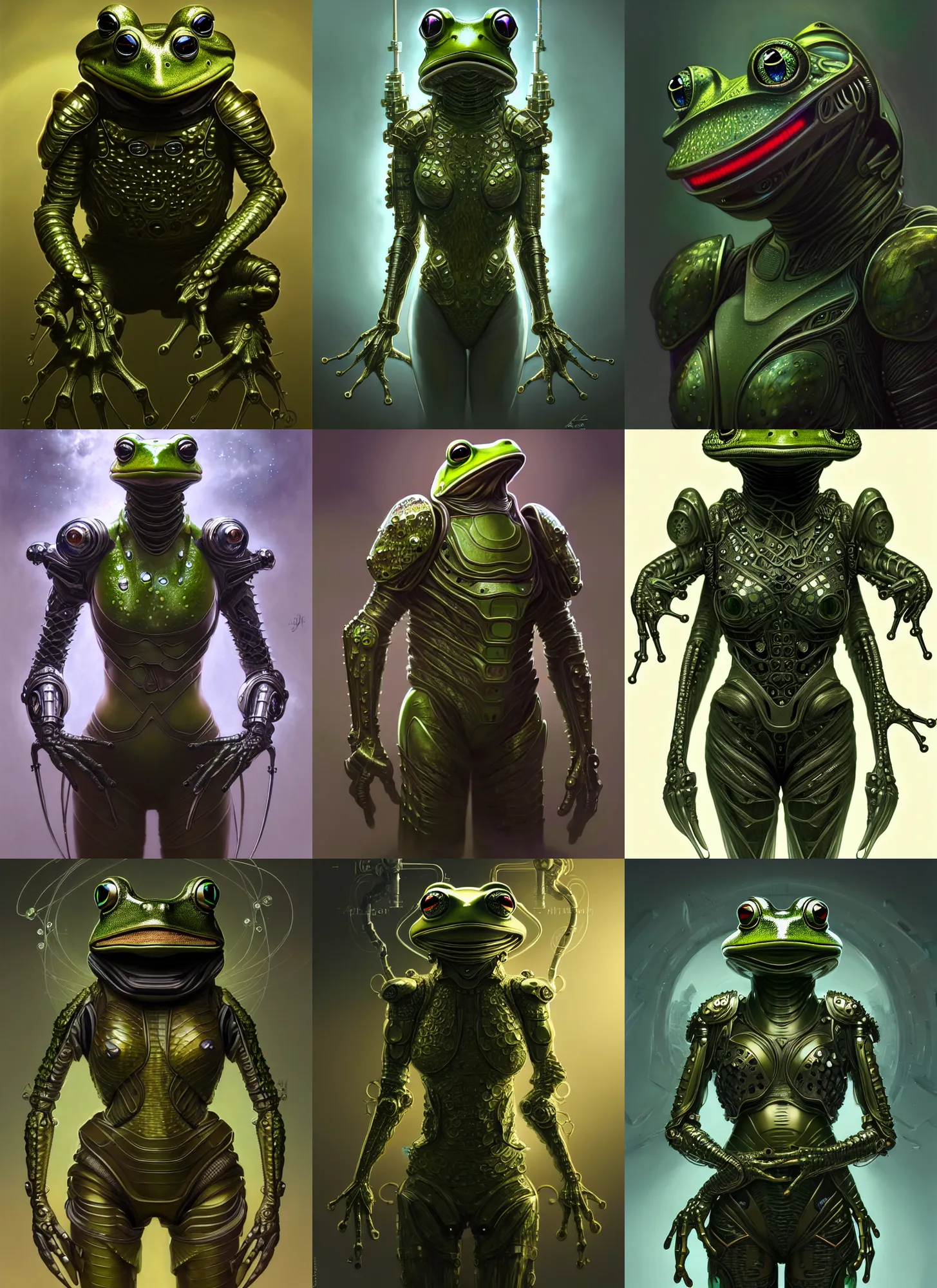 Prompt: a anthropomorphic cyber frog wearing scifi armor, diffuse lighting, fantasy, intricate, elegant, highly detailed, lifelike, photorealistic, digital painting, artstation, illustration, concept art, smooth, sharp focus, art by john collier and albert aublet and krenz cushart and artem demura and alphonse mucha