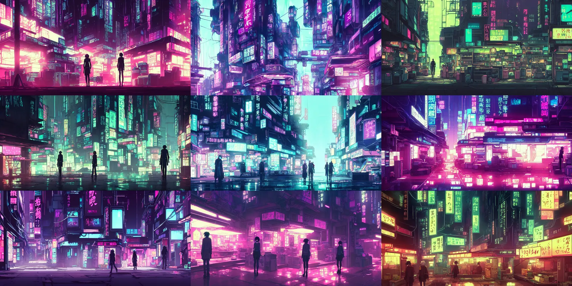 Prompt: an atmospheric cyberpunk neon noir background art of a quiet quiet small small marketplace in the anime film, by Shichiro Kobayashi, in the anime series ghost in the shell, hazy and dreary