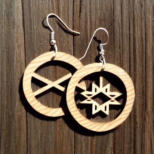 Image similar to 2 d wood lasercut earrings, mystical symbols, 8 k, hd, trending on amazon on artstation, trending on deviantart, trending on etsy, epic digital art