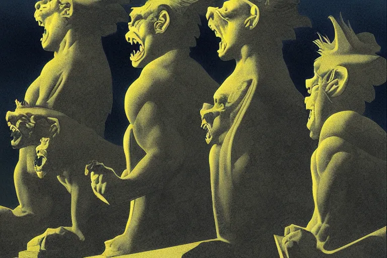 Prompt: a trio of leering gargoyles, digital painting by maxfield parrish and michael whelan, photorealistic